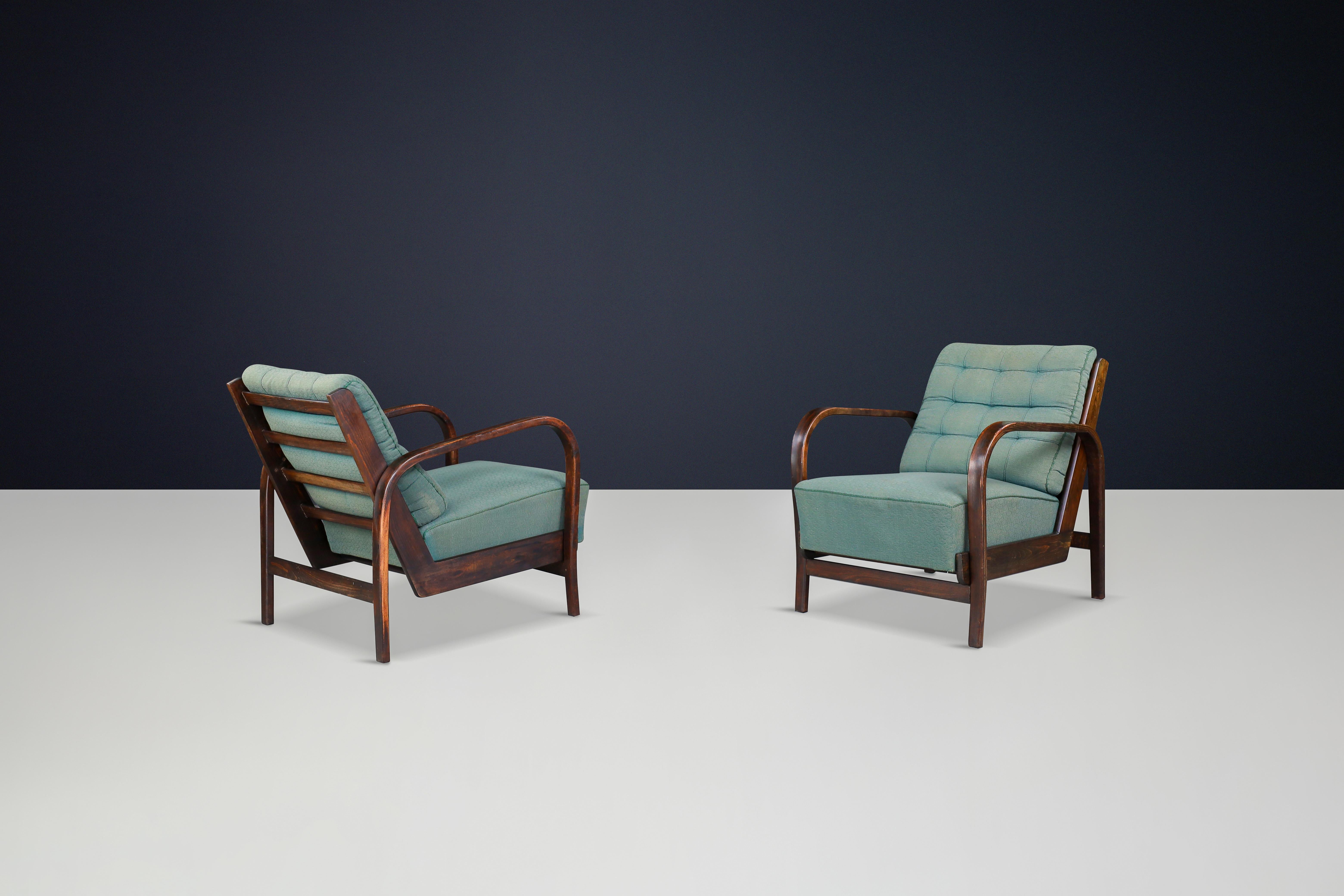 Karel Koželka Antonín Kropácek Patinated Bentwood Armchairs in Green Upholstery 1
