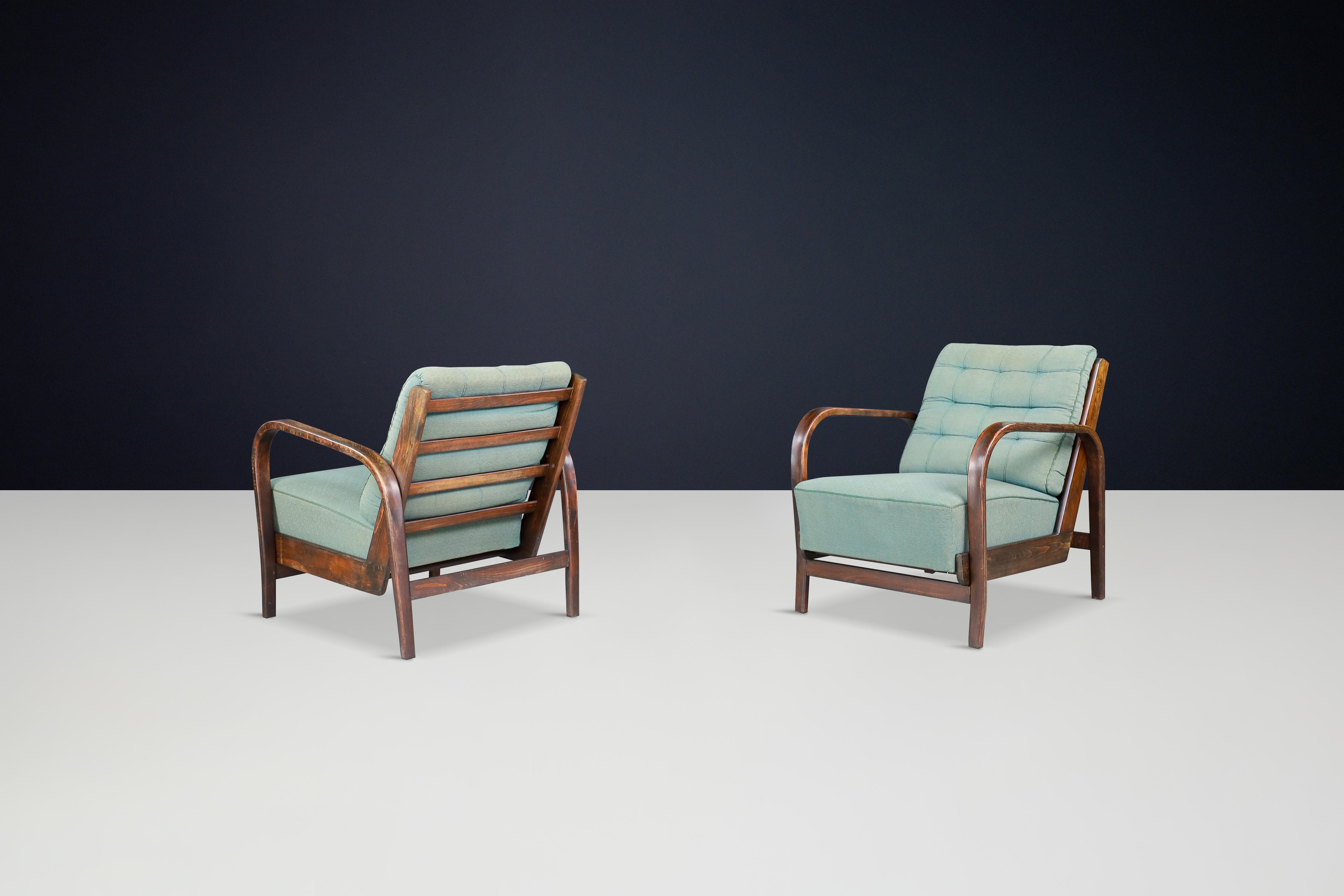 Karel Koželka Antonín Kropácek Patinated Bentwood Armchairs in Green Upholstery 2