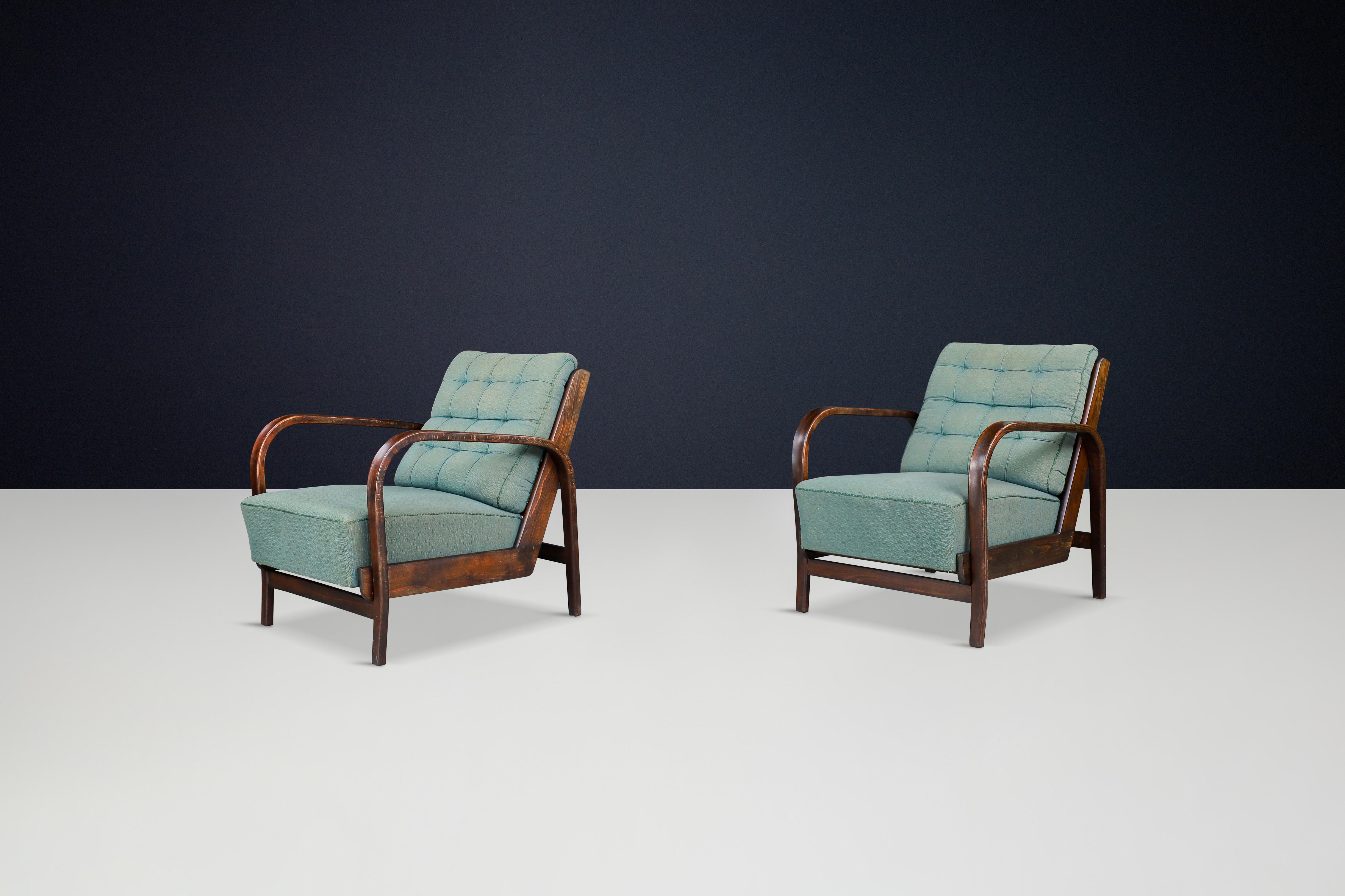 Karel Koželka Antonín Kropácek Patinated Bentwood Armchairs in Green Upholstery 3