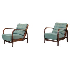Karel Koželka Antonín Kropácek Patinated Bentwood Armchairs in Green Upholstery