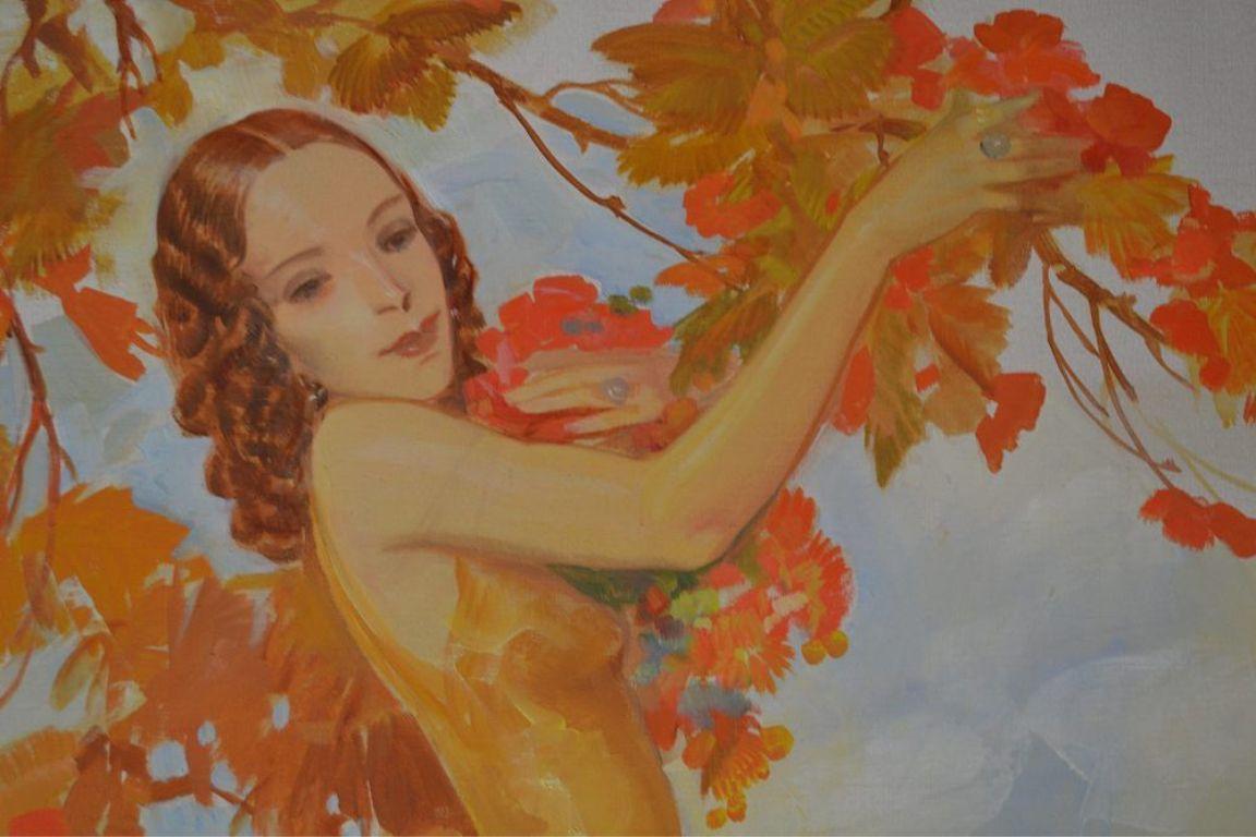 Mid-20th Century Karel Van Belle. Large art deco oil on canvas. A Lady in Autumn