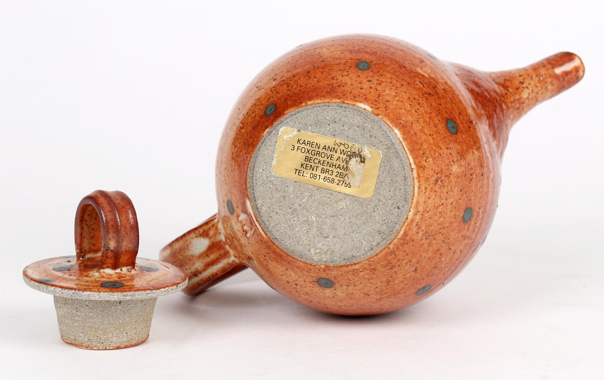 Late 20th Century Karen Ann Wood Studio Pottery Red Glazed Spot Design Lidded Teapot For Sale