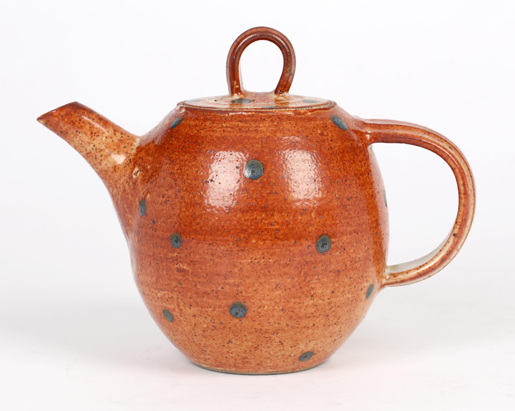 Karen Ann Wood Studio Pottery Red Glazed Spot Design Lidded Teapot For Sale 2