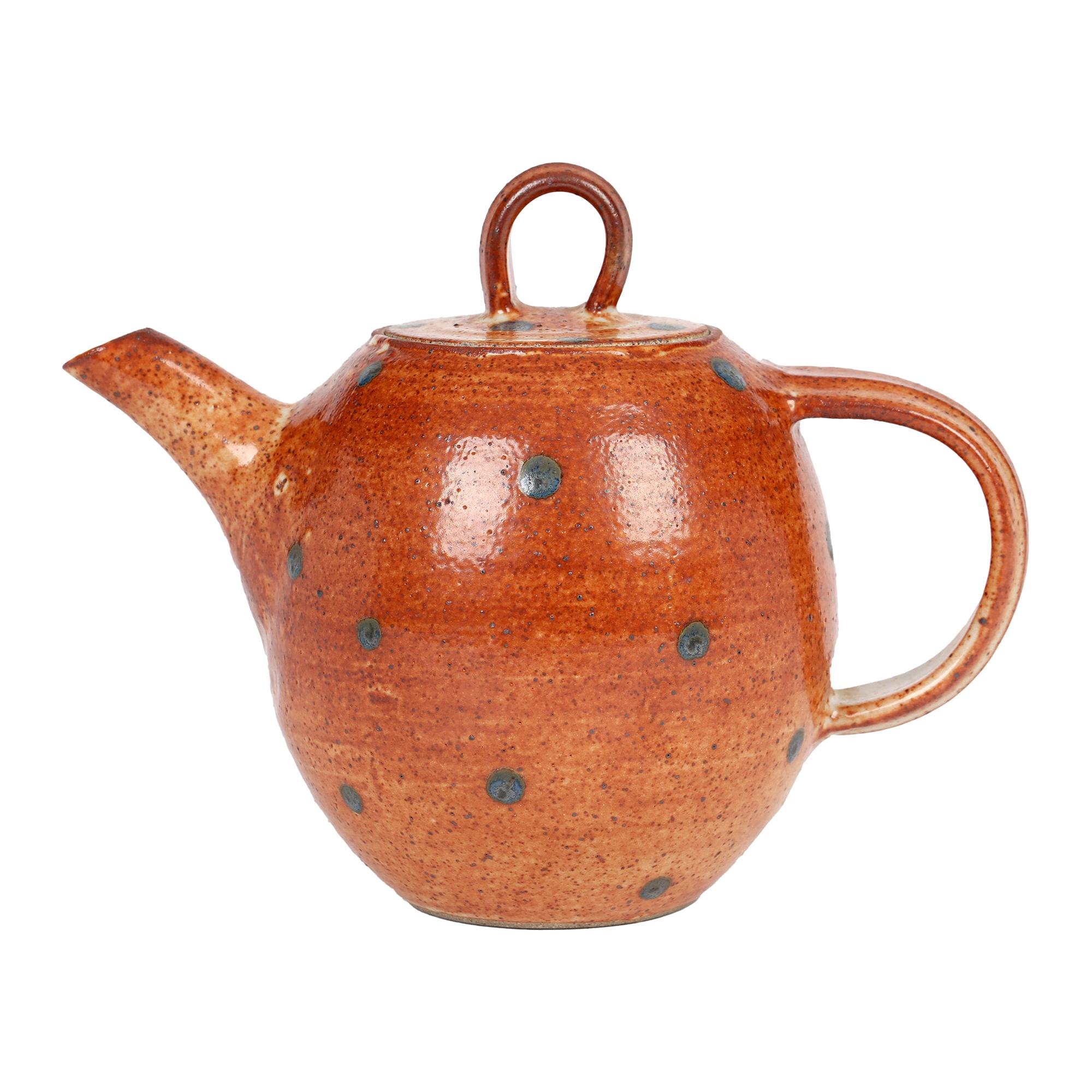Karen Ann Wood Studio Pottery Red Glazed Spot Design Lidded Teapot