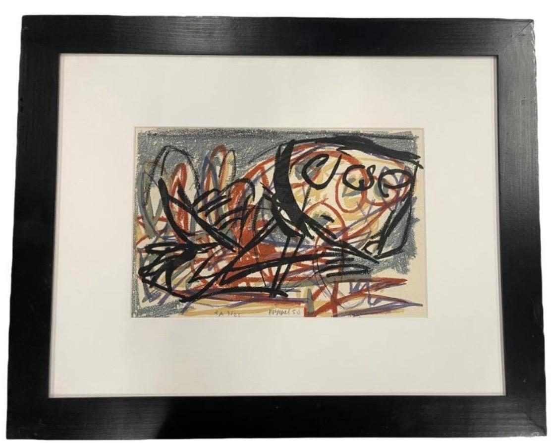 Prima litografia astratta di Karel Appel, épreuve d'artiste, o prova d'artista E/A datata 1950. Una rara interpretazione 9/24 di un'opera astratta di Appel in marrone, grigio, viola, nero e oro su carta Arches. Le opere di Karel Appel sono colorate,