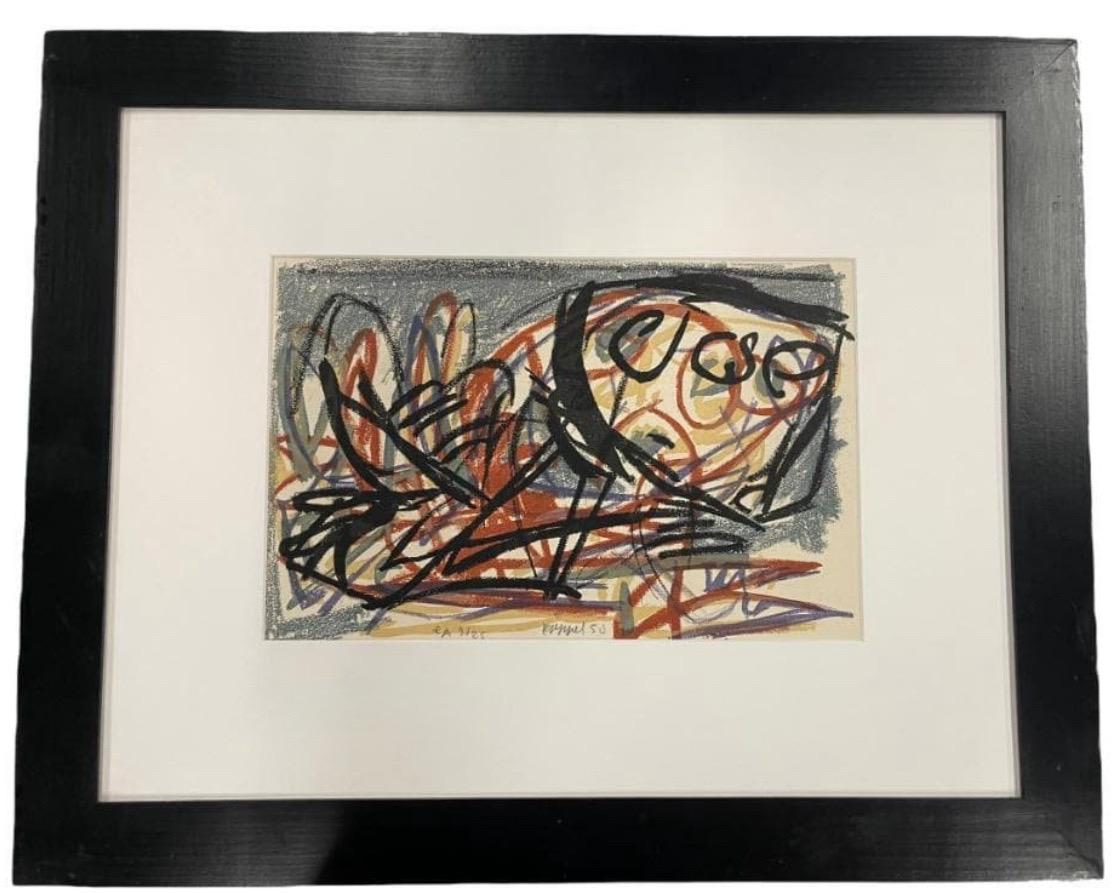 Frühe abstrakte Lithographie von Karel Appel, épreuve d'artiste, oder E/A artist proof von 1950. Eine seltene 9/24-Wiedergabe eines abstrakten Werks von Appel in Braun-, Grau-, Violett-, Schwarz- und Goldtönen auf Arches-Papier. Die Werke von Karel