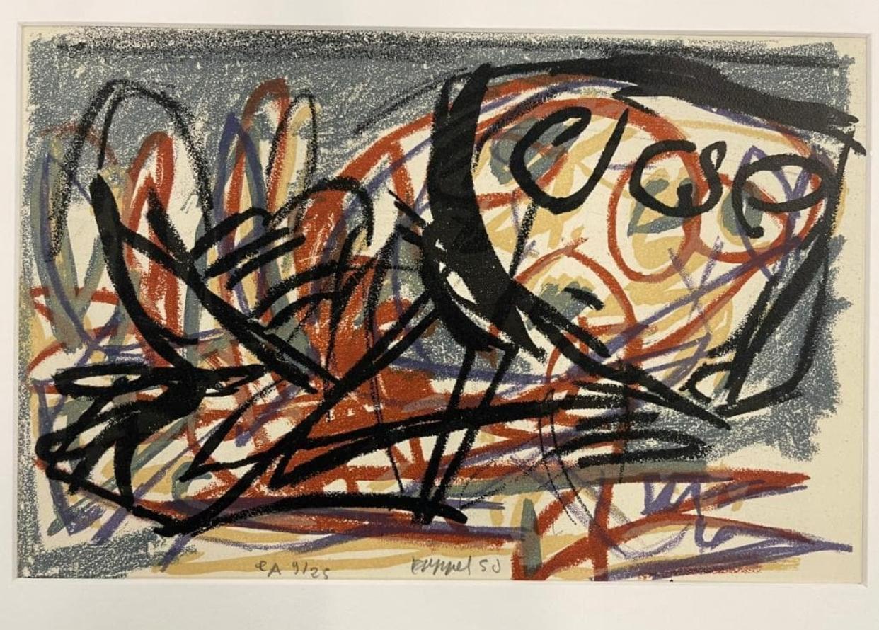 Karen Appel (Dutch, b. 1921-d. 2006) Abstract Signed E/A 1950 Lithograph.  In Good Condition For Sale In Chicago, IL