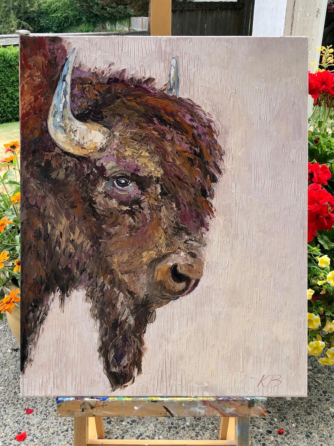<p>Artist Comments<br>A bison peeks in from the side, its massive presence softened by a neutral beige backdrop. The thick, rugged texture of its coat contrasts beautifully with the calm background tones. Using both palette knife and brush, artist
