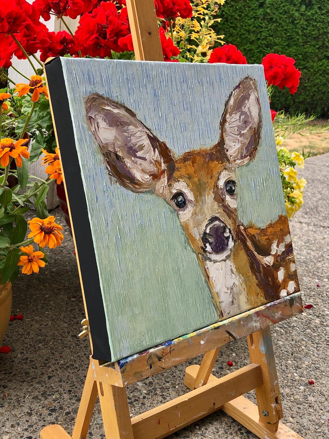 Gentle Curiosity, Oil Painting - Gray Animal Painting by Karen Barton