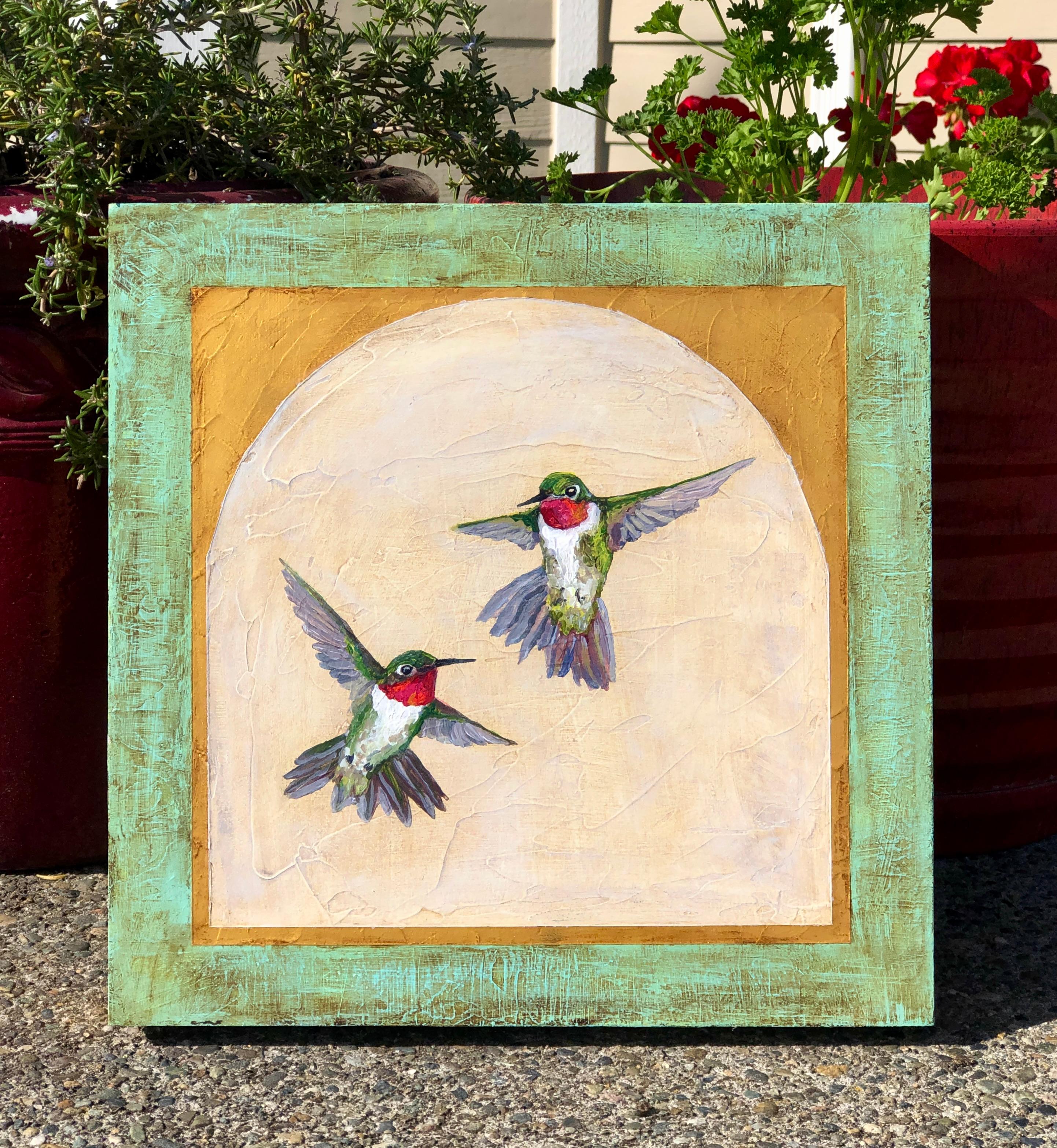 <p>Artist Comments<br />This painting was inspired by the simple joy of watching hummingbirds flit and play among the flowers in artist Karen Barton's garden. Two birds hover at the center of the composition, their delicate forms captured mid-flight