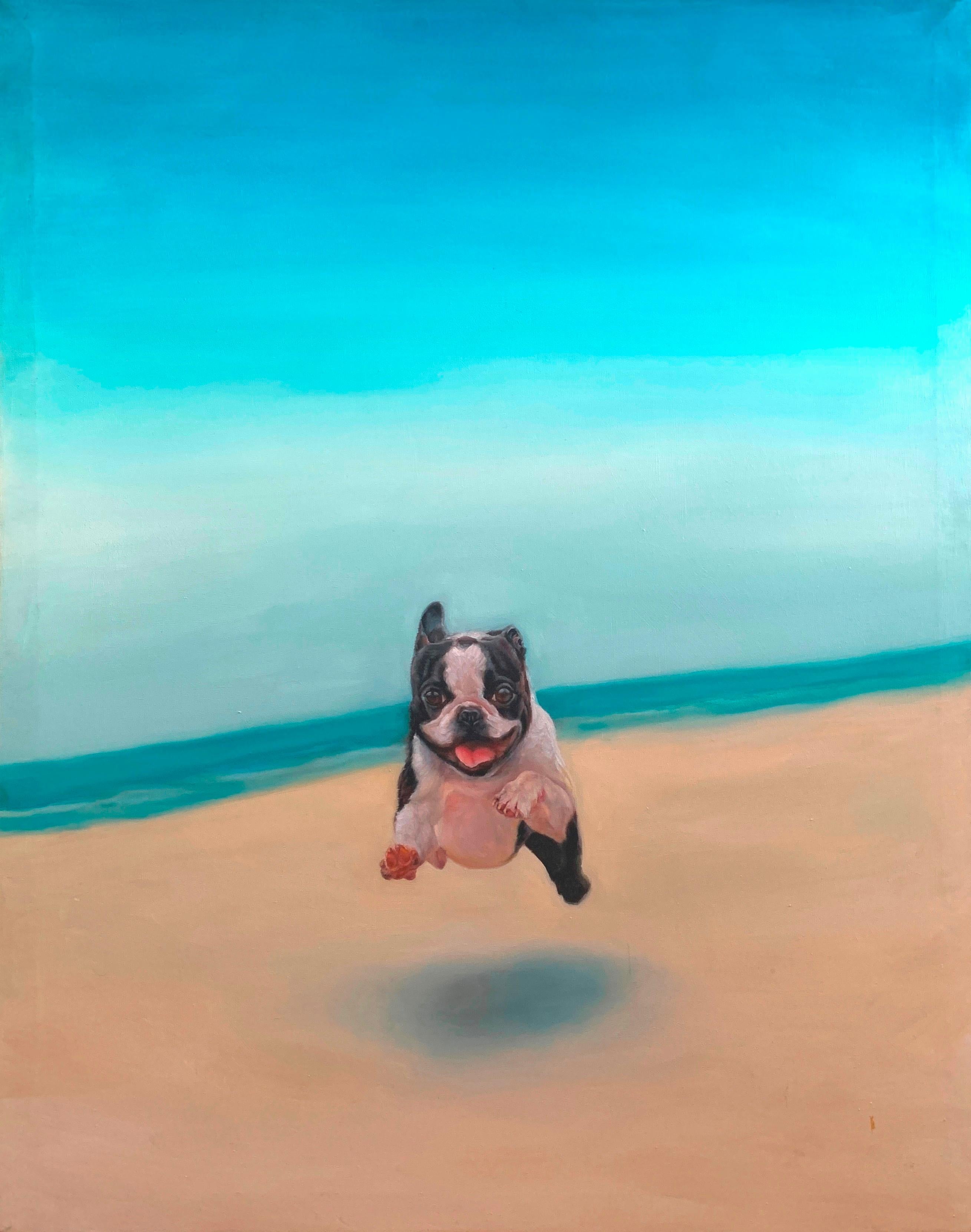 Karen Bendersky Animal Painting - Cheerful Dog Painting-Terrier Jumping for Joy a Bright Summer Day at The Beach