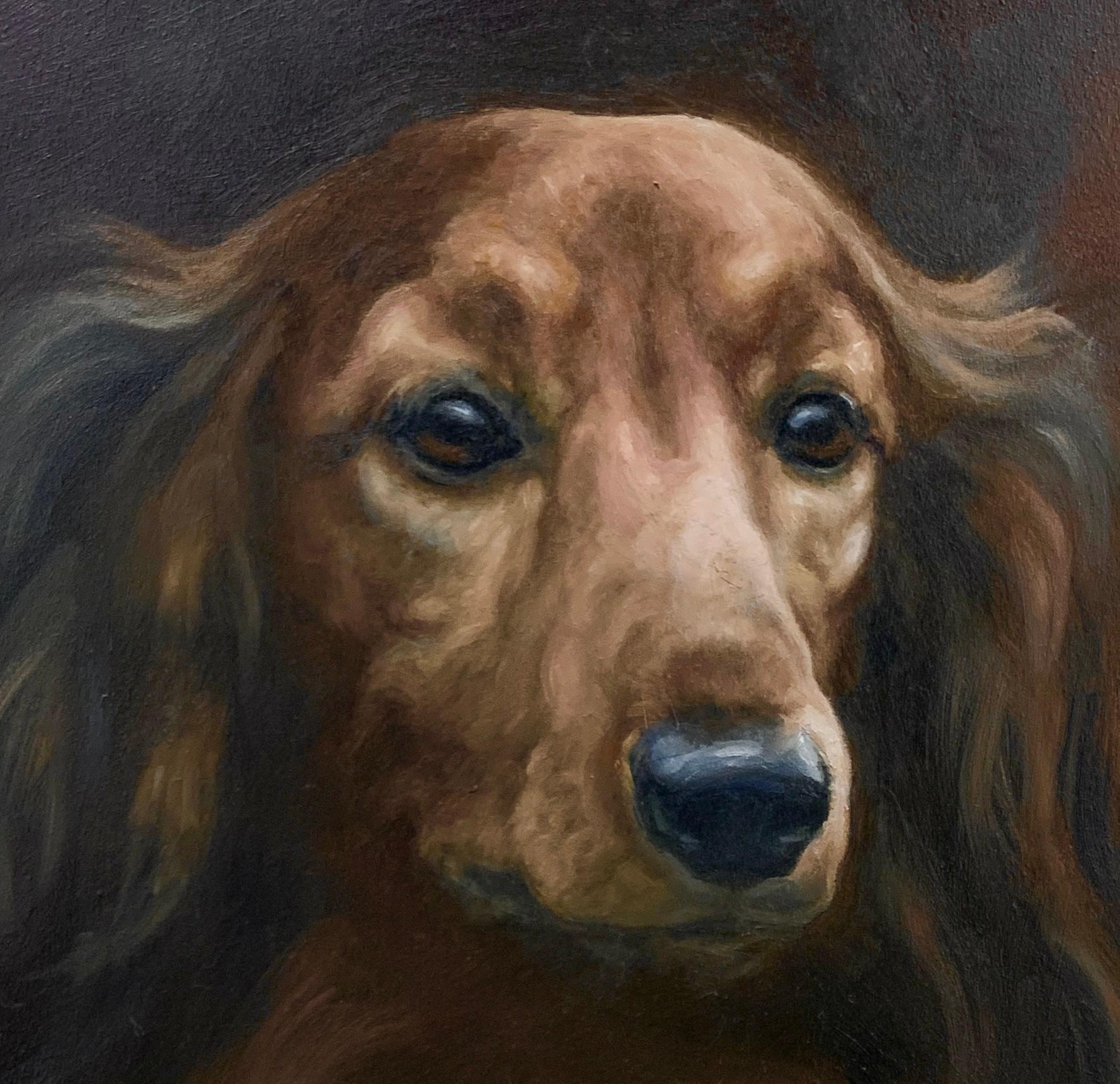Elegant Long Hair Dachshund Captures Your Heart with His Beauty and Gentle Soul - Realist Painting by Karen Bendersky