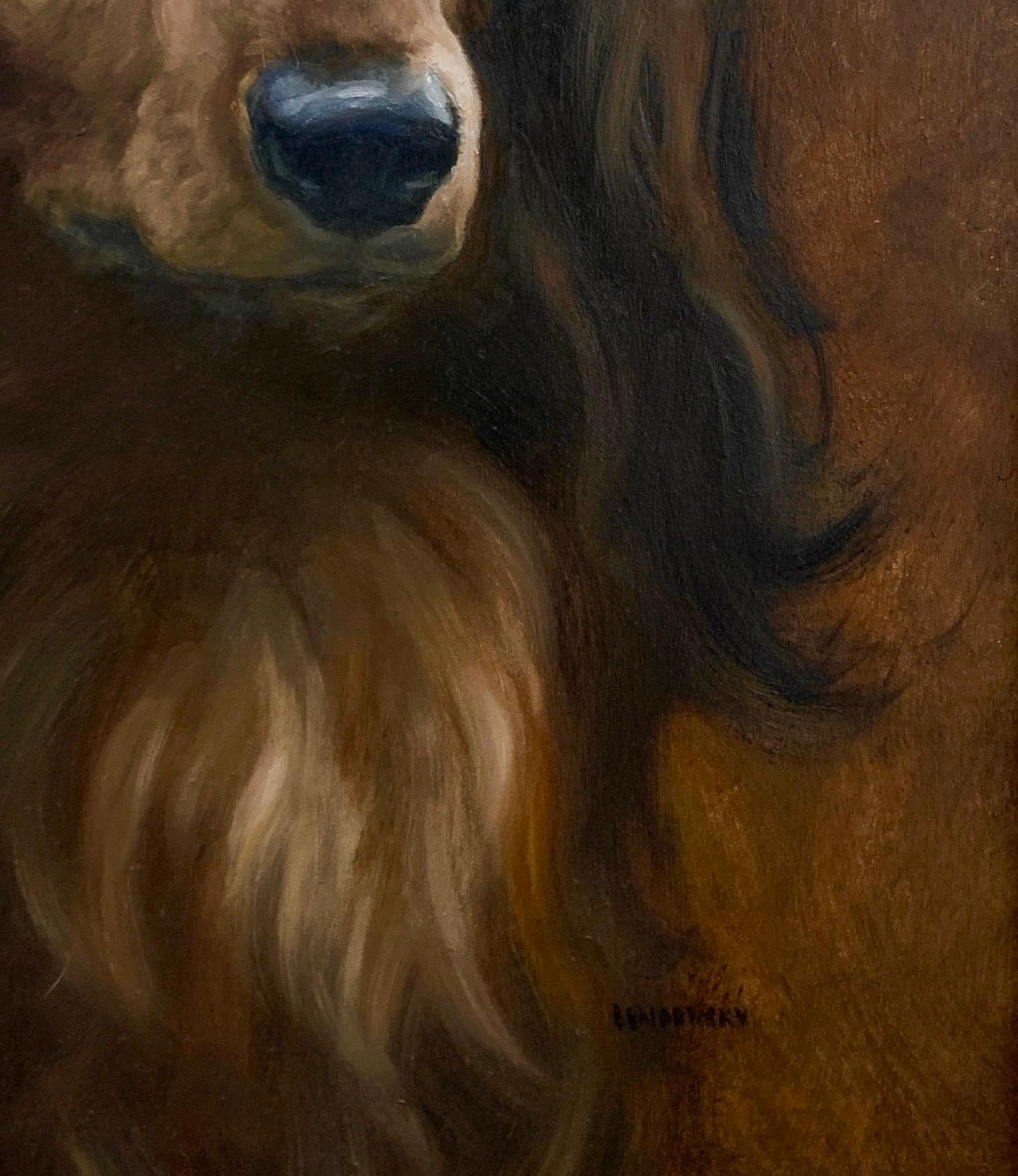 Elegant Long Hair Dachshund Captures Your Heart with His Beauty and Gentle Soul - Black Animal Painting by Karen Bendersky