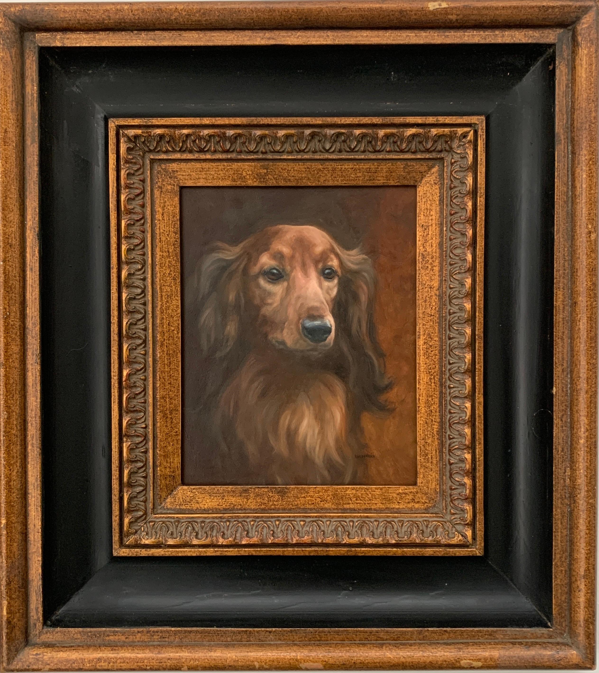 Discover Karen Bendersky's captivating classical dog painting of a beautiful long-haired Dachshund. This exquisite dog painting beautifully captures the breed's sweetness and soulful expression, with a rich, Rembrandt-inspired dark brown background