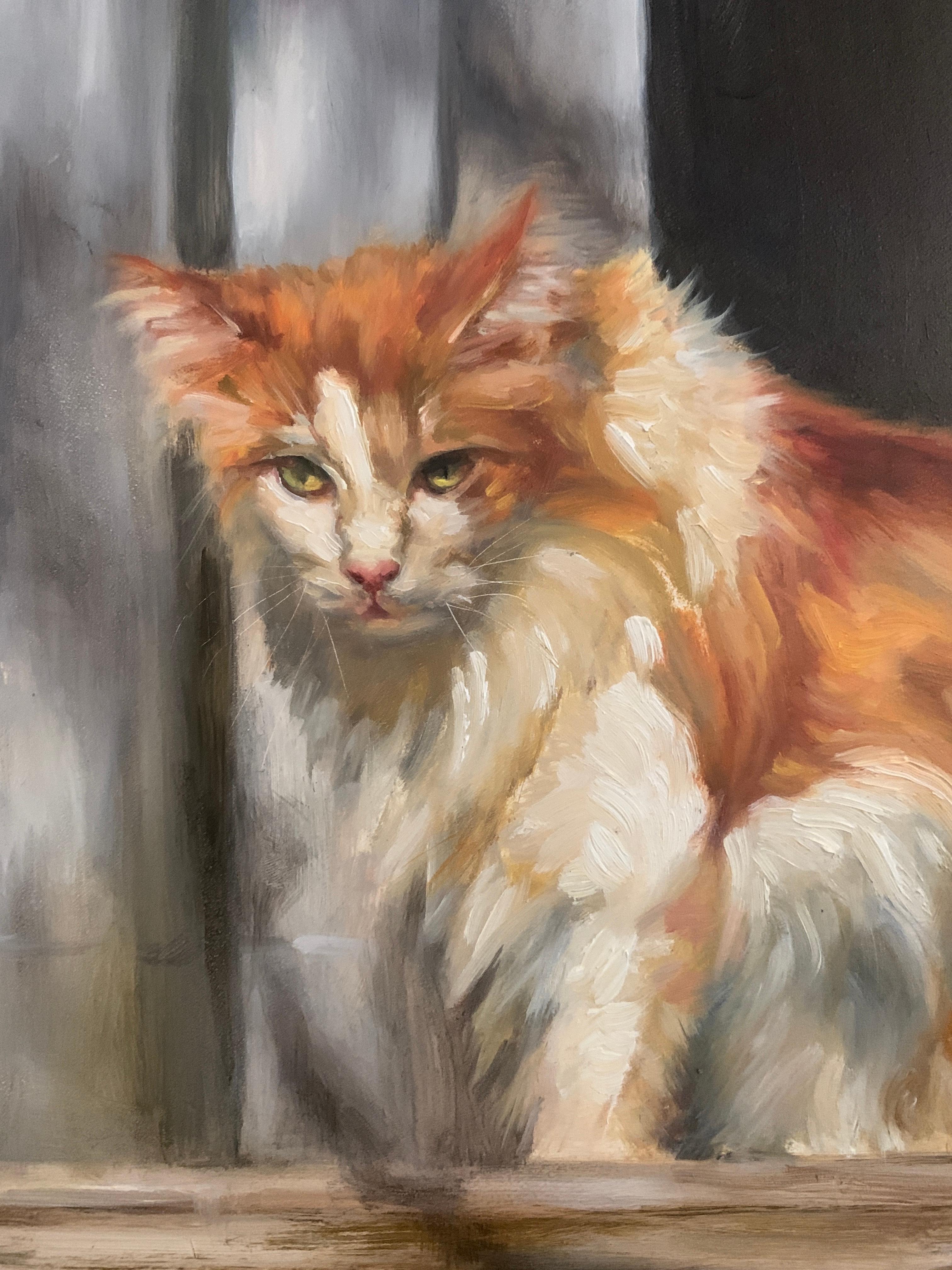 Evocative Cat on a Stoop Surrounded by Shadows of Mesmerizing Tree Branches - Painting by Karen Bendersky