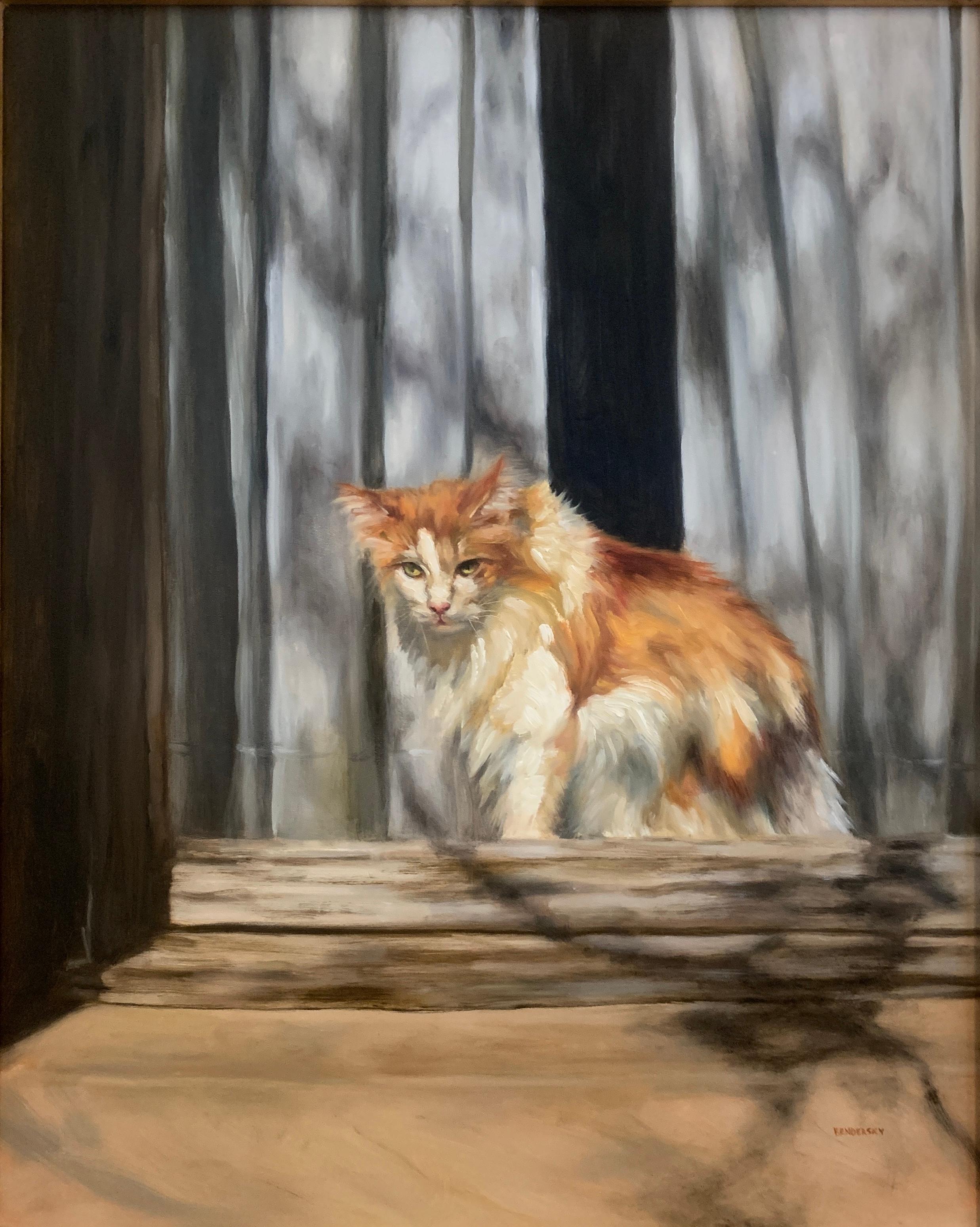 Karen Bendersky Portrait Painting - Evocative Cat on a Stoop Surrounded by Shadows of Mesmerizing Tree Branches