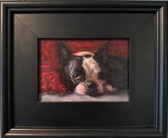 Peinture romantique de chien avec un terrier de Boston regardant par-dessus un riche berceau rouge