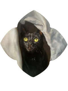 Trompe L'Oeil Öl auf Holz einer verängstigten Katze, die durch eine "Stoff"-Wand bricht