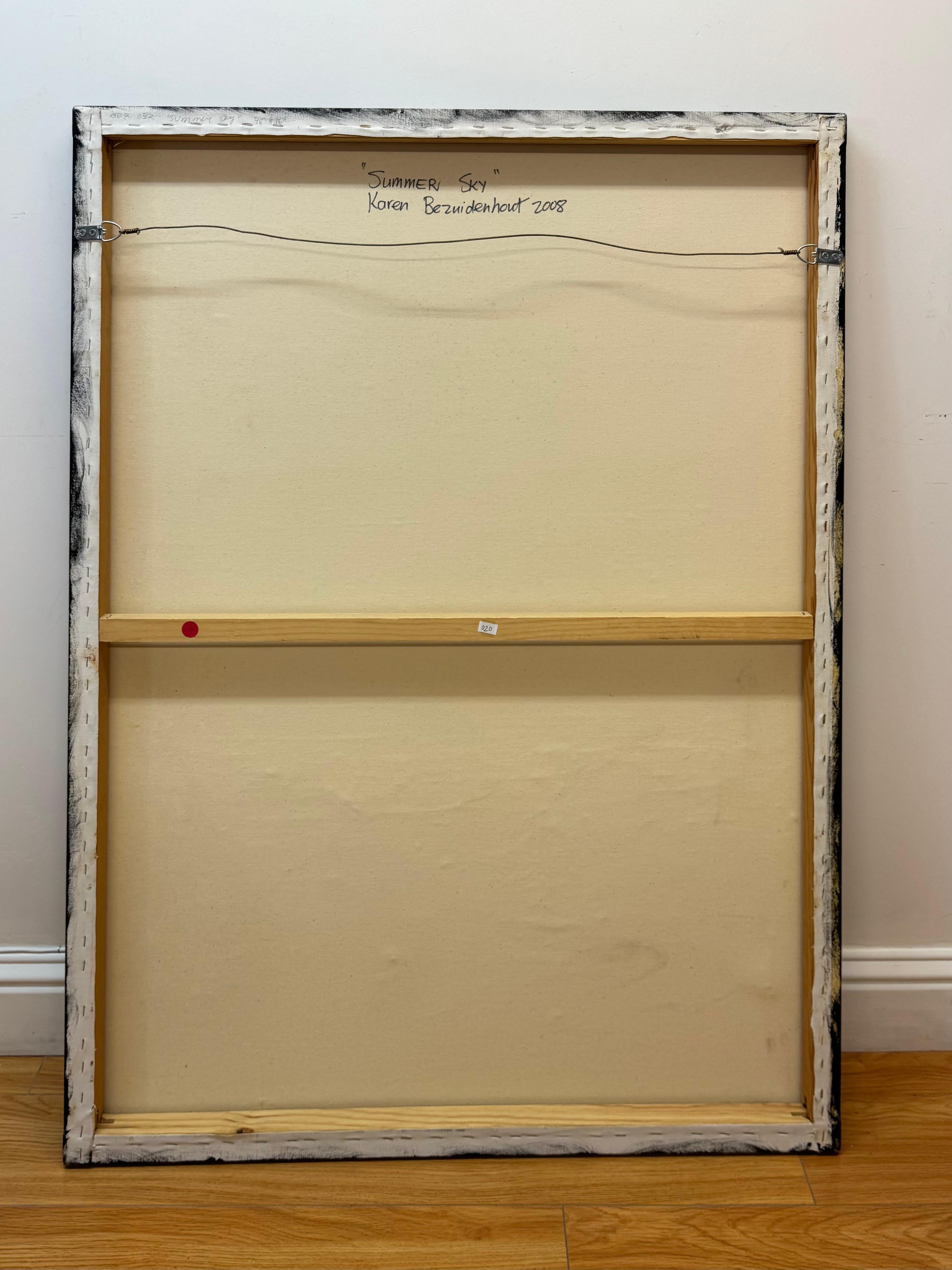 Tecnica mista olio su tela
Titolo astratto del cielo estivo, 2001
Raffigurazione di tre cavalli
Artista sudafricano di nascita, attivo a Santa Barbara, California
48 x 56
