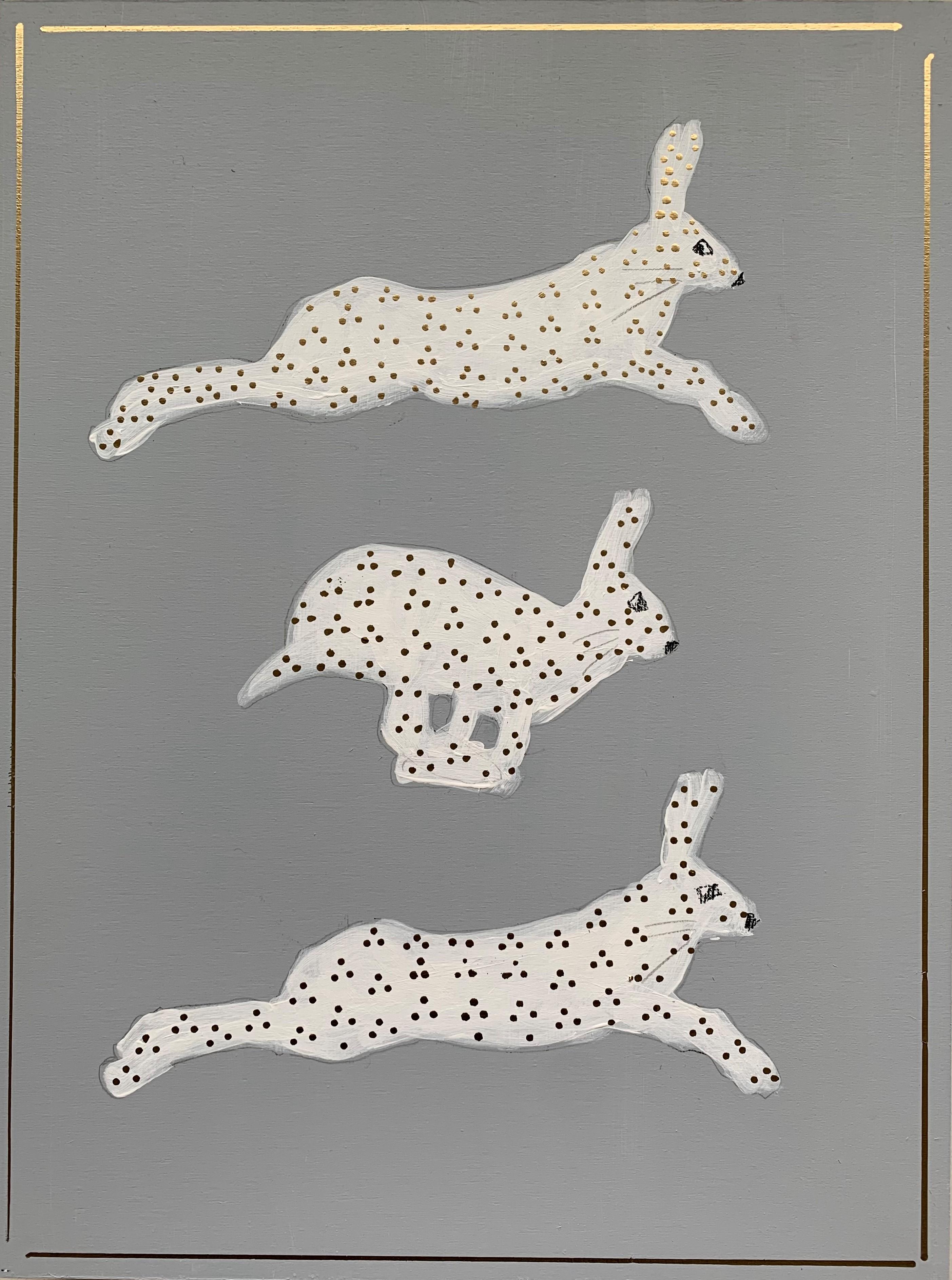 Karen Blair  Abstract Painting – Le Lapin Gambade I von Karen Blair, Graues gerahmtes zeitgenössisches Kaninchengemälde
