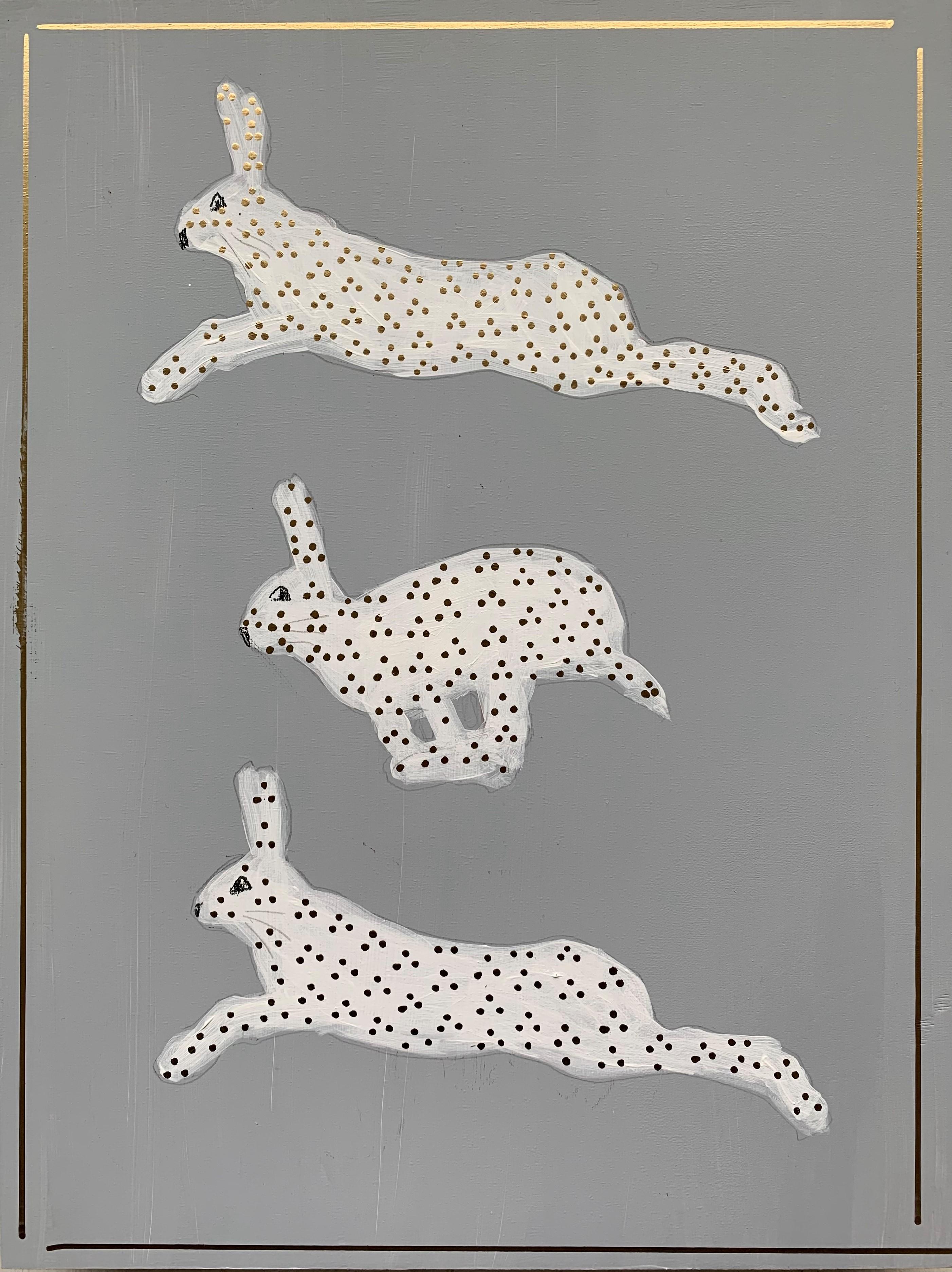 Karen Blair  Abstract Painting – Le Lapin Gambade II von Karen Blair, Graues gerahmtes zeitgenössisches Kaninchengemälde