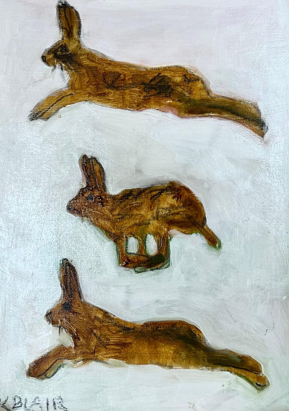 Karen Blair  Abstract Painting - Leaping Hare II by Karen Blair, Vertical Framed Contemporary Rabbit Painting