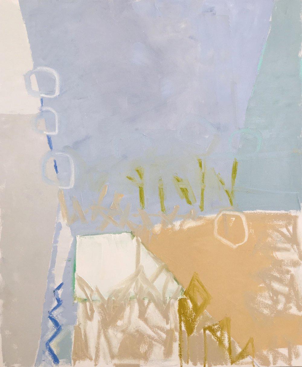 Abstract Painting di Karen Blair  - Passeggiata a Parigi di Karen Blair, grande quadro astratto contemporaneo con sfondo blu