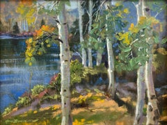 "Aspens on the Lake" Colorful Plein Air Landscape Oil Painting on Board Framed