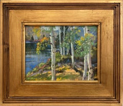 "Aspens on the Lake" Colorful Plein Air Landscape Oil Painting on Board Framed