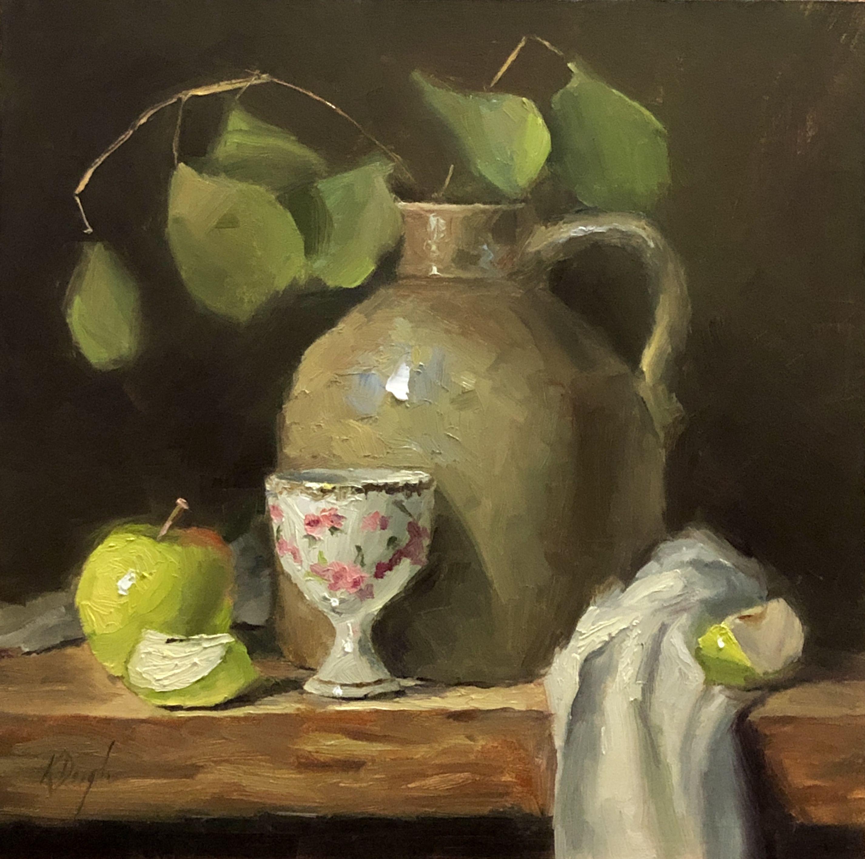 Huevera con manzana, Pintura, Óleo sobre panel de madera - Painting de Karen Daigle