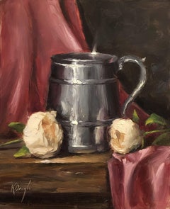 Bierkrug mit Rosen auf Satin, Gemälde, Öl auf MDF-Platte