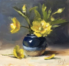 Buttercups in tiny Vase, Painting, Oil on Wood Panel