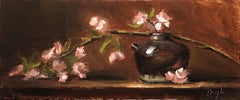 Fleurs de cerisier et vase, peinture, huile sur panneau de bois
