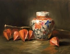 Ginger jar and Chinese Lanterns, Painting, Oil on Wood Panel