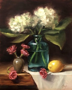 Hydrangeas and Carnations with Lemon, Painting, Oil on MDF Panel