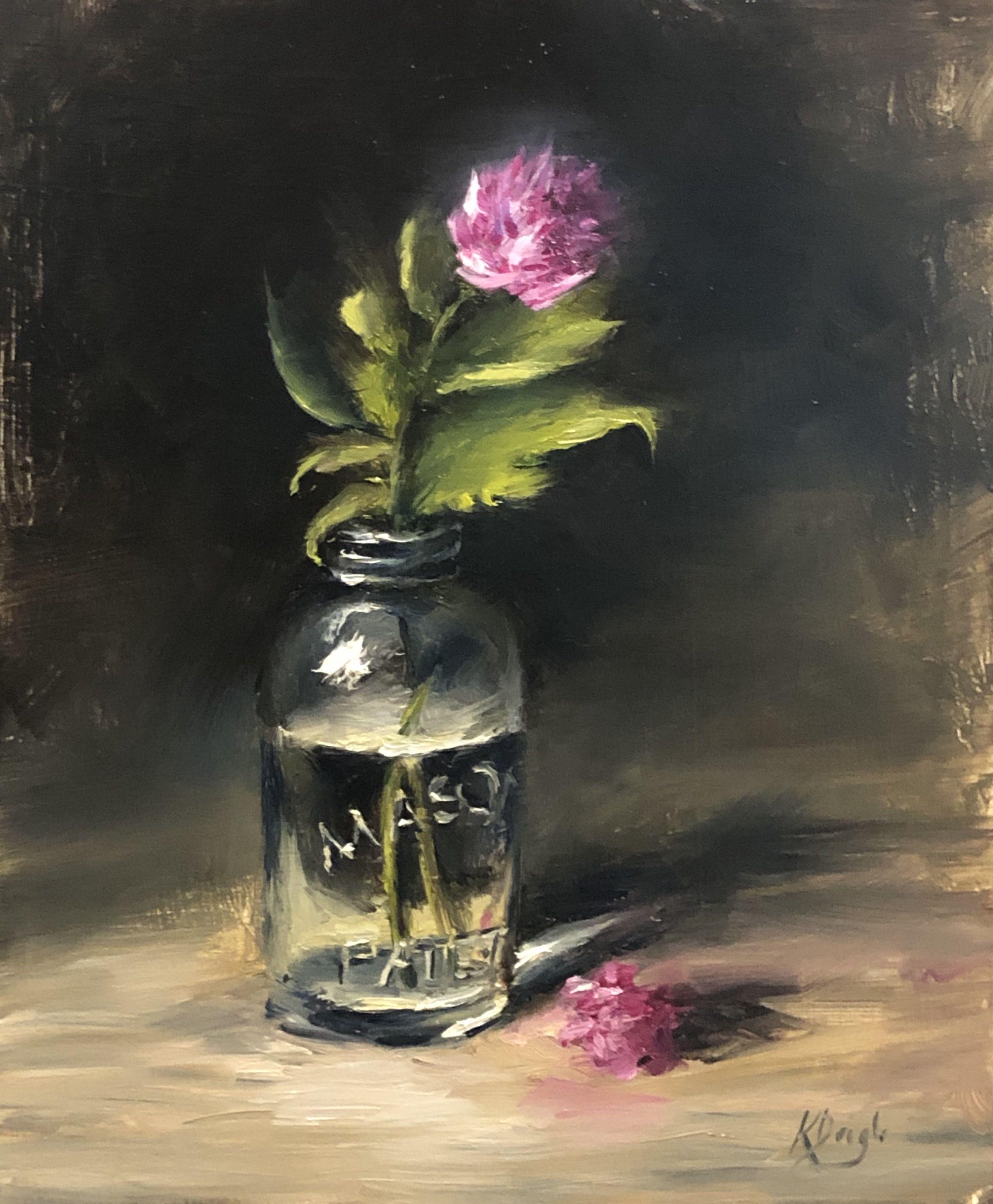 Barattolo da muratore e fiori di indivia, Pittura, Olio su pannello di Wood - Painting di Karen  Daigle