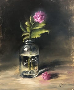 Mason jar an Chive Flowers, Painting, Oil on Wood Panel