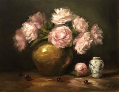 Pink Peonies and Blue Vase, Painting, Oil on Wood Panel
