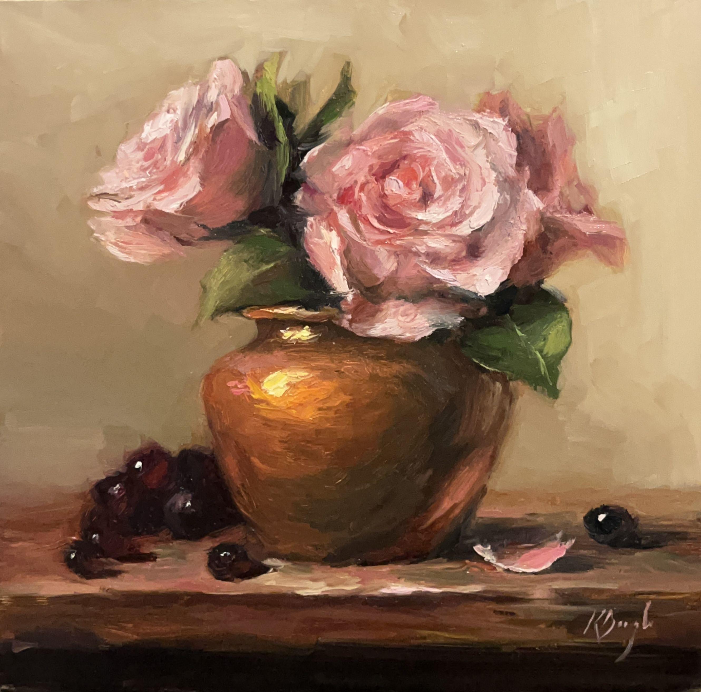 Roses roses en laiton, peinture, huile sur panneau de bois - Painting de Karen  Daigle