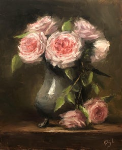 Rosa Rosen in Silber, Gemälde, Öl auf Holzplatte