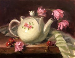 Pink Tea and Daisies, Painting, Oil on Wood Panel