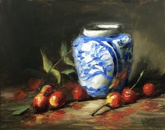 Rainer Cherries and Vase, Painting, Oil on Wood Panel