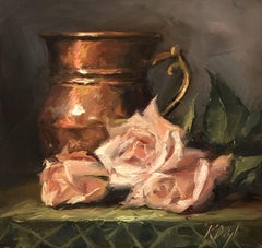 Roses and Brass Mug, Painting, Oil on Wood Panel