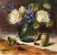 Roses and Delphiniums, Painting, Oil on Wood Panel