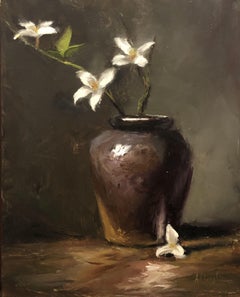 Simple Vase with White Flowers, Painting, Oil on Wood Panel