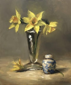 Daffodil Original Oil Painting Round Canvas Ø12 Holland Landscape  Narcissus Art