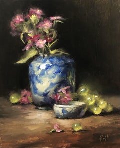 Springblumen und grüne Trauben, Gemälde, Öl auf Holzplatte