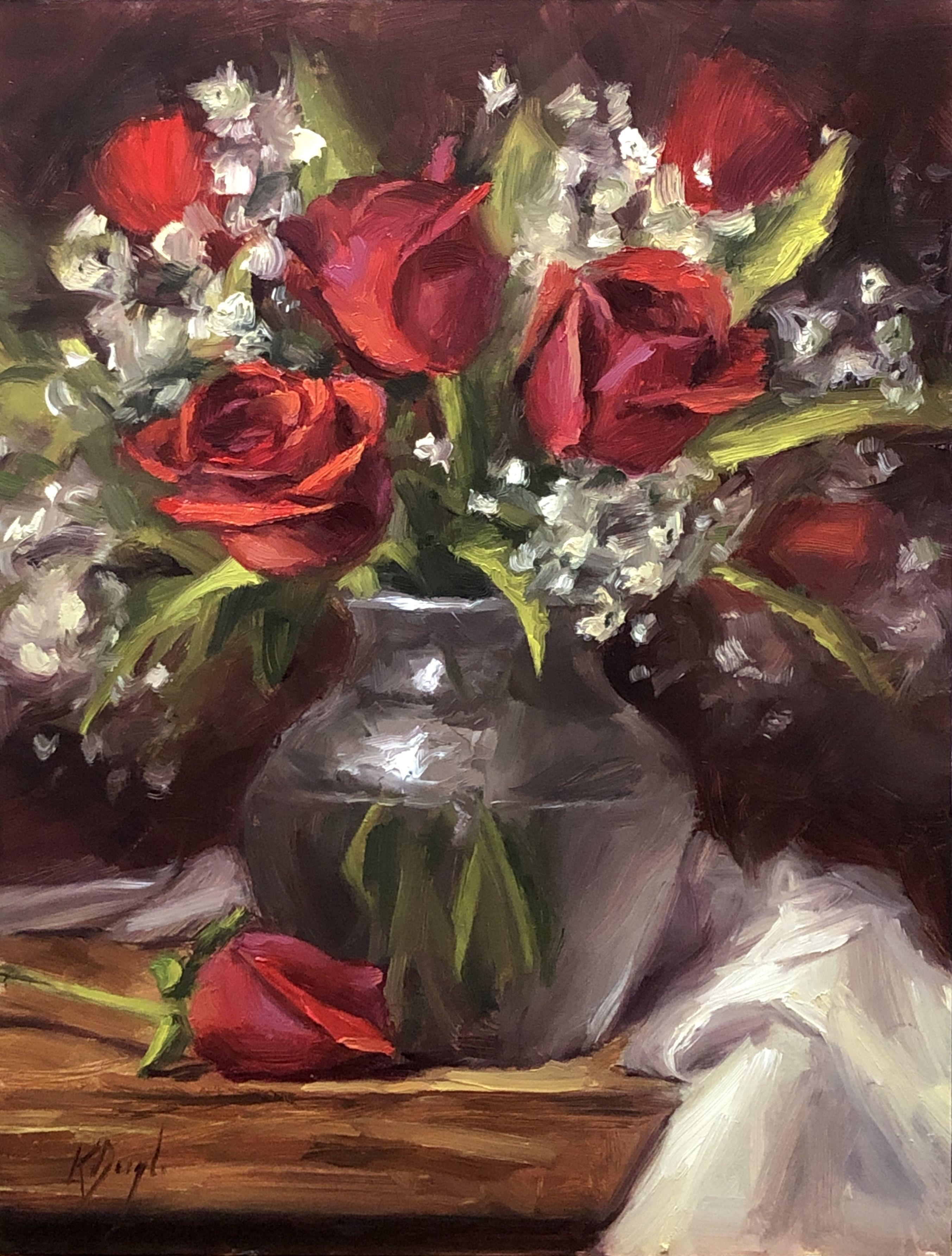 Bouquet di San Valentino, Pittura, Olio su pannello MDF - Painting di Karen  Daigle