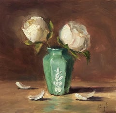 White Rose in Green Vase, Painting, Oil on Wood Panel