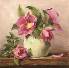Wild Roses in Porcelain, Painting, Oil on Wood Panel